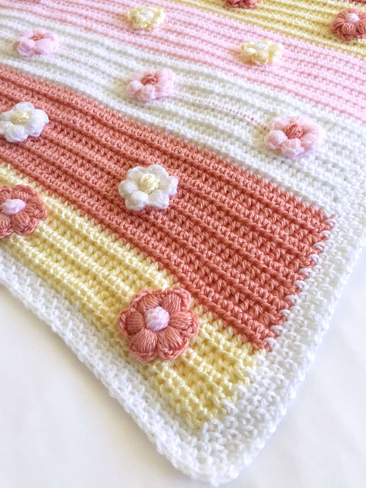 Baby Girl Crochet Baby Blanket with Flowers Pink White Coral and Yellow Stripes