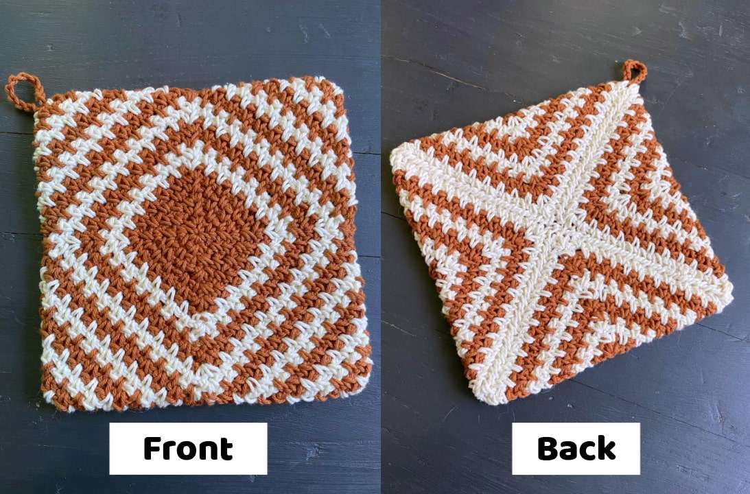 Front and Back Side of the Mabel Pot Holder Free Crochet Pattern