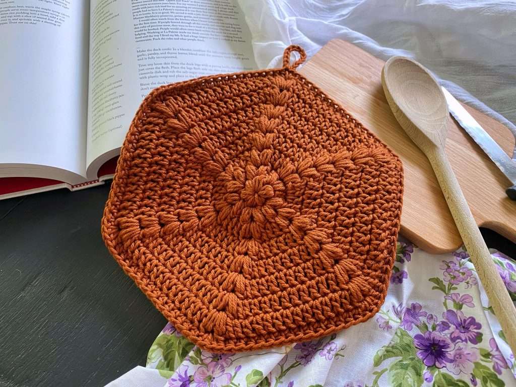 Flower Power Hexagon Crochet Potholder with Puff Stitches