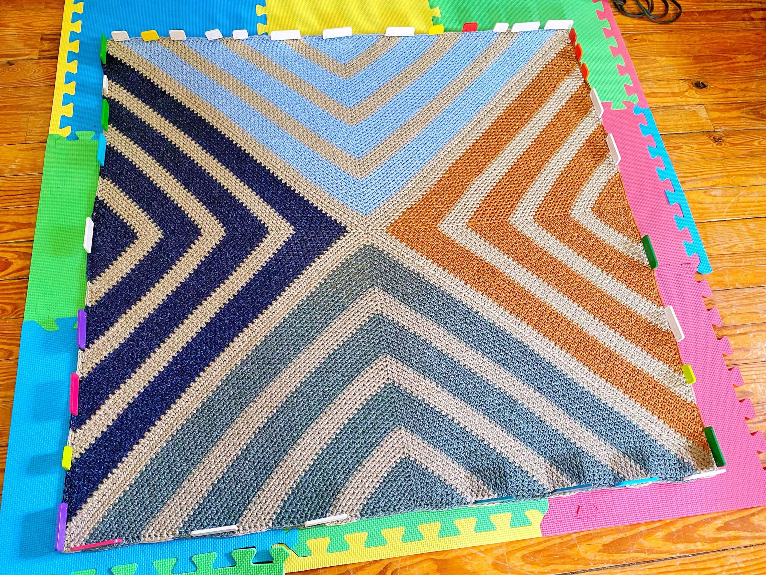 Blocking the Four Triangles Moss Stitch Crochet Blanket Pattern
