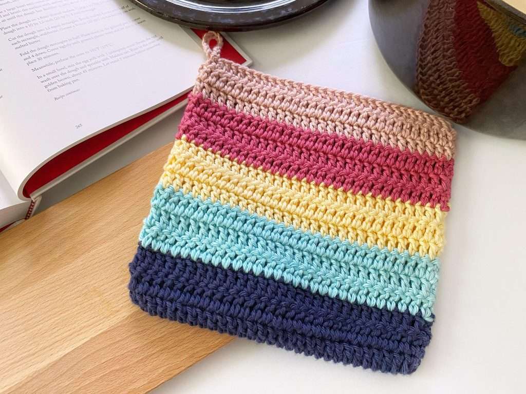 Quick and Easy Pink Yellow and Blue Striped Double Crochet Potholder Pattern