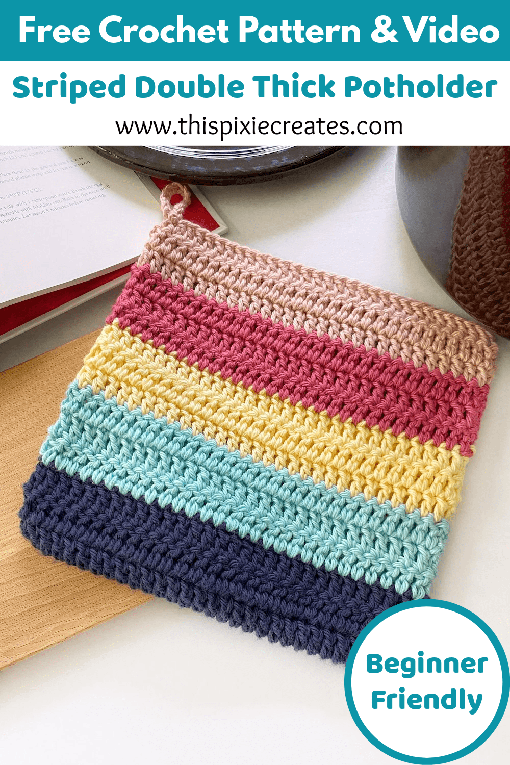 Easy Beginner Double Crochet Striped Potholder 