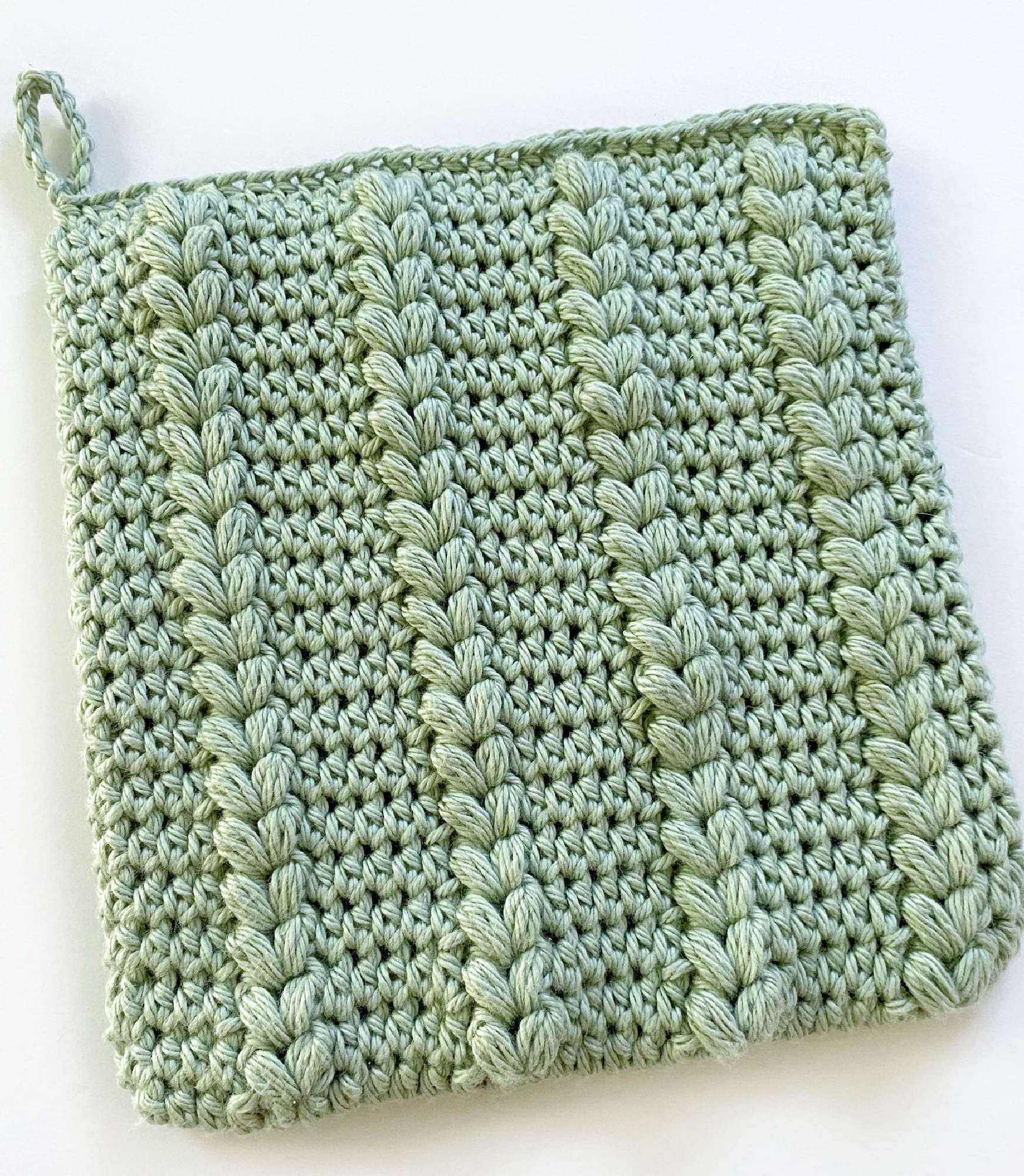 Front Side of the Follow your Heart Puff Stitch Heart Potholder