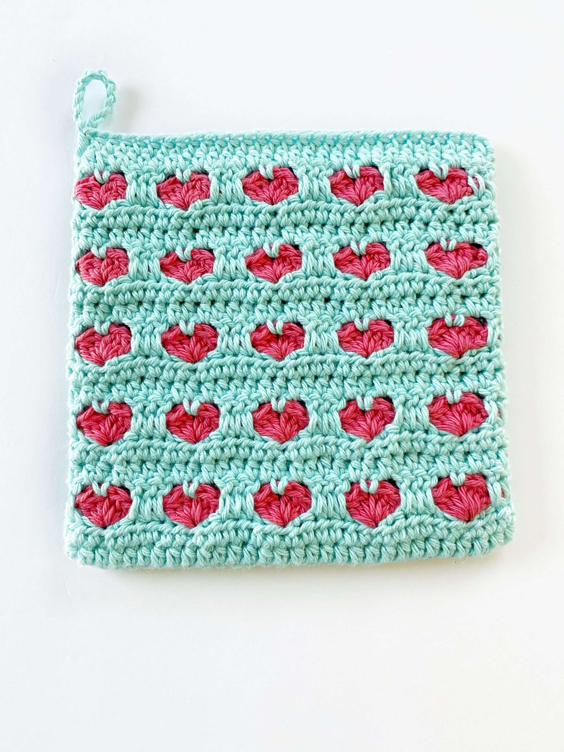 Love Bomb Heart Stitch Crochet Potholder Front Side