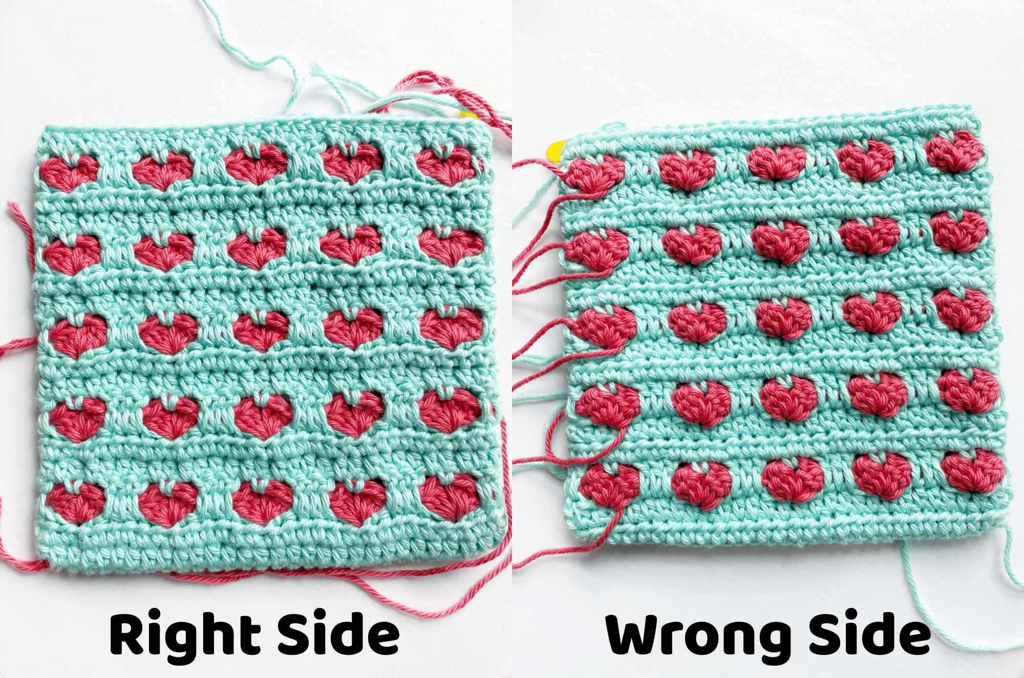 The right and wrong side of the heart stitch crochet potholder