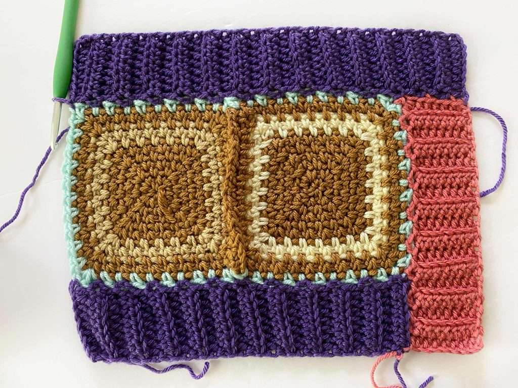 Moss Stitch Squares Blanket with Half Double Crochet in Back Loop Only Ribbed Border