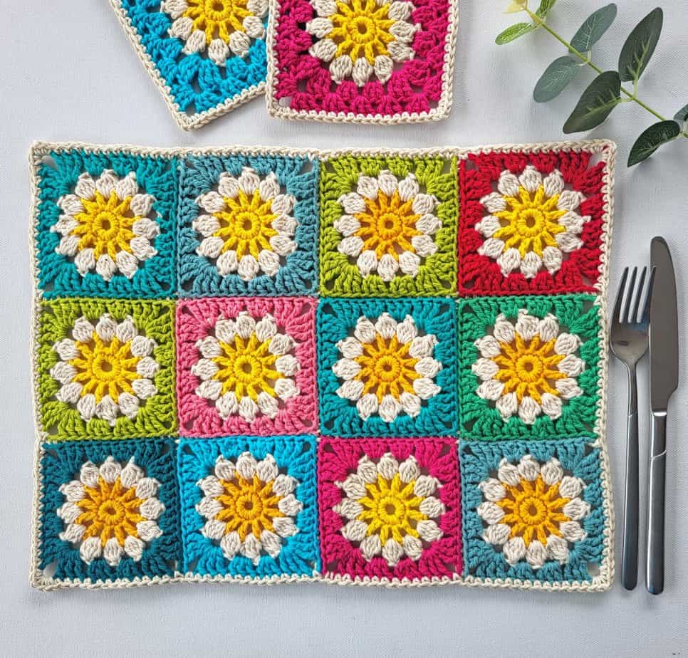 Daisy Granny Square Crochet Placemat Pattern by Annie Design Crochet