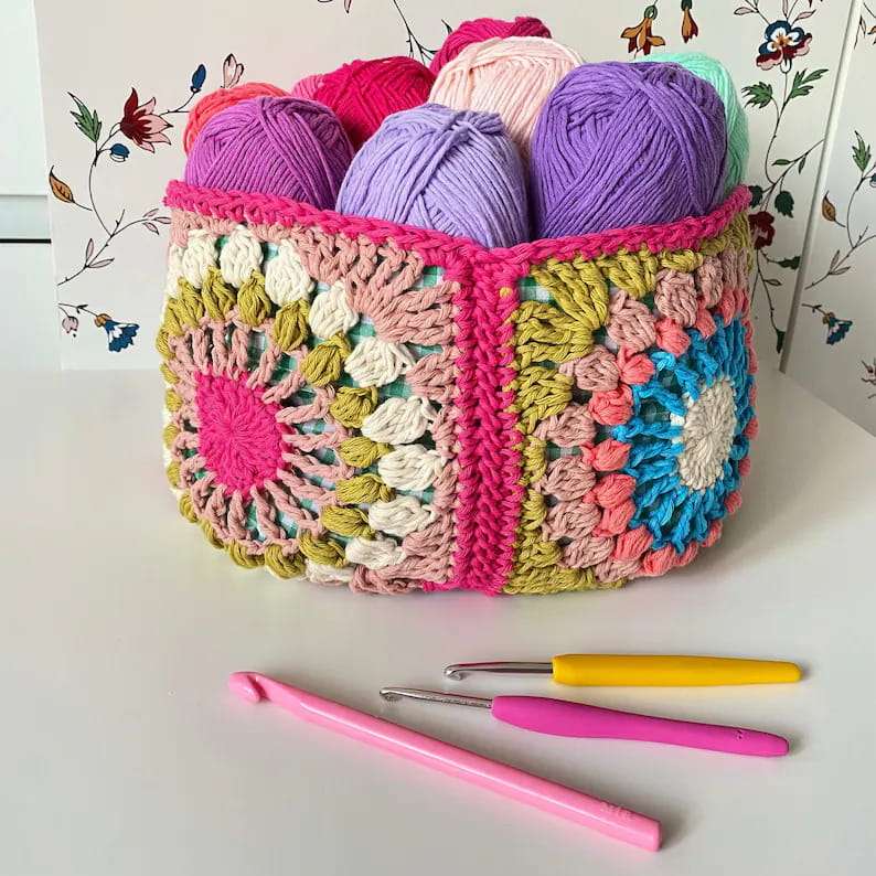 Granny Square Yarn and Notions Basket Pattern
